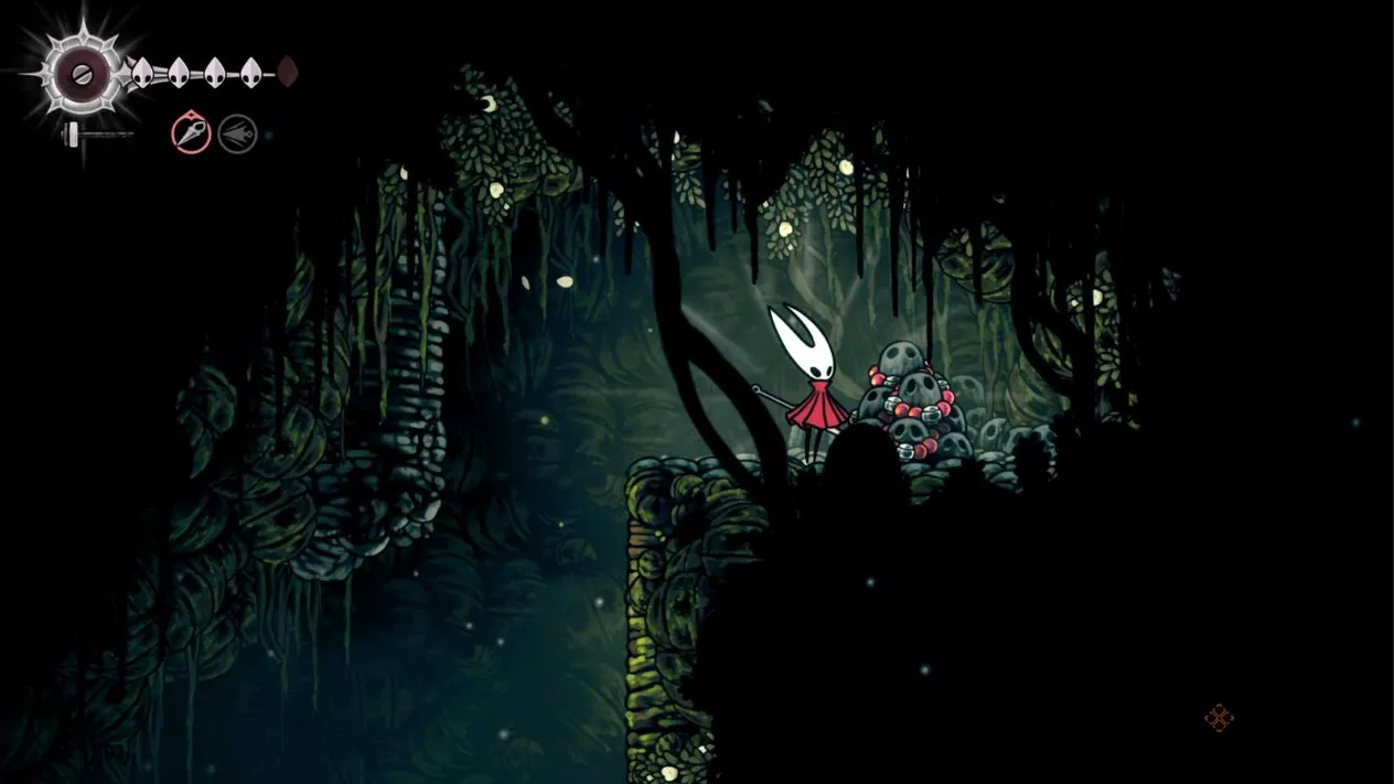 Hornet standing beside a hidden rosary stash in Silksong