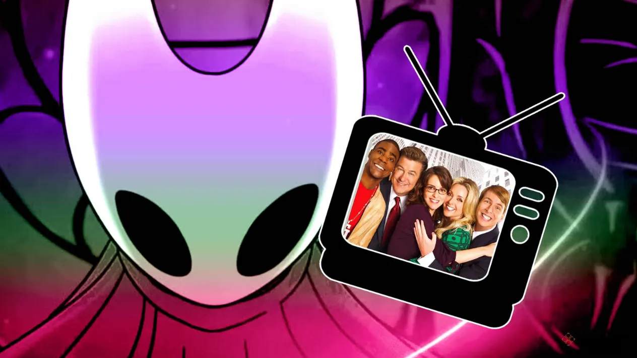 Hollow Knight gameplay on a TV with a sitcom playing in the background
