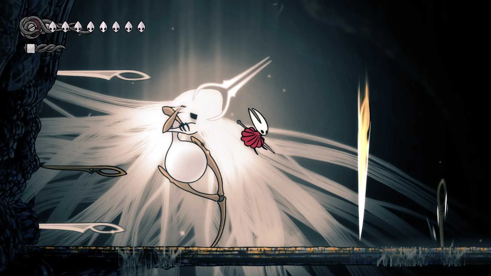 Hornet dodging silk spears during the Grand Mother Silk fight in Hollow Knight: Silksong