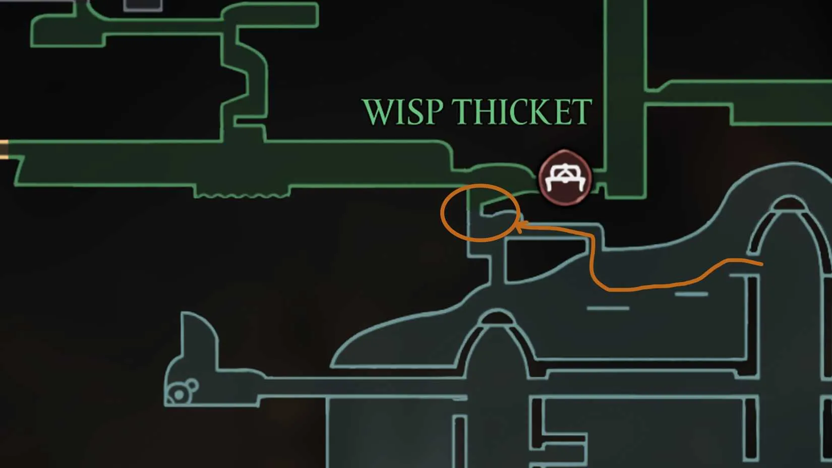 Map of the hidden entrance to get Wispfire Lantern in Silksong