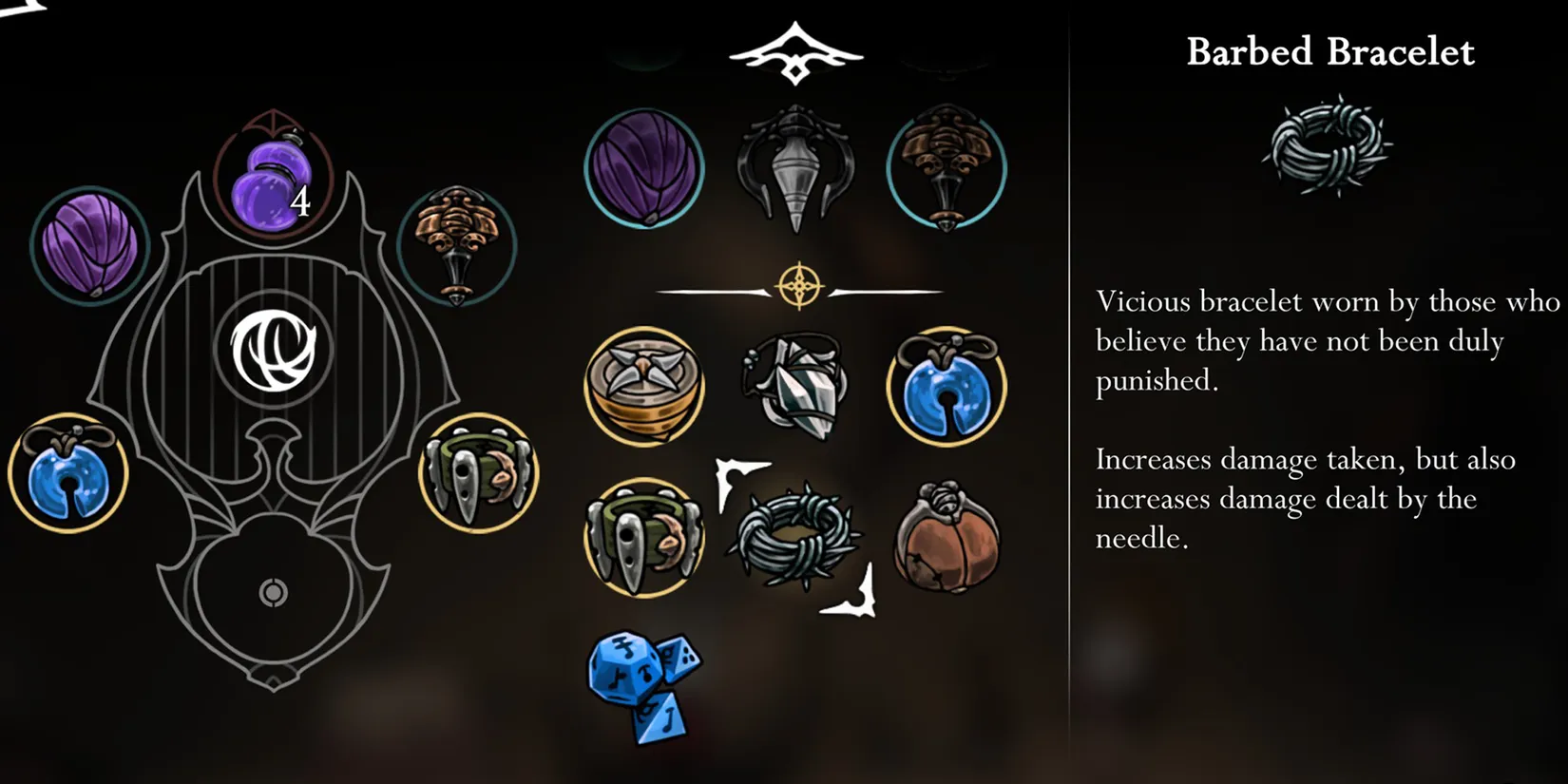 Hornet's tool inventory showing the Barbed Bracelet and other equipment for Silksong delivery quests