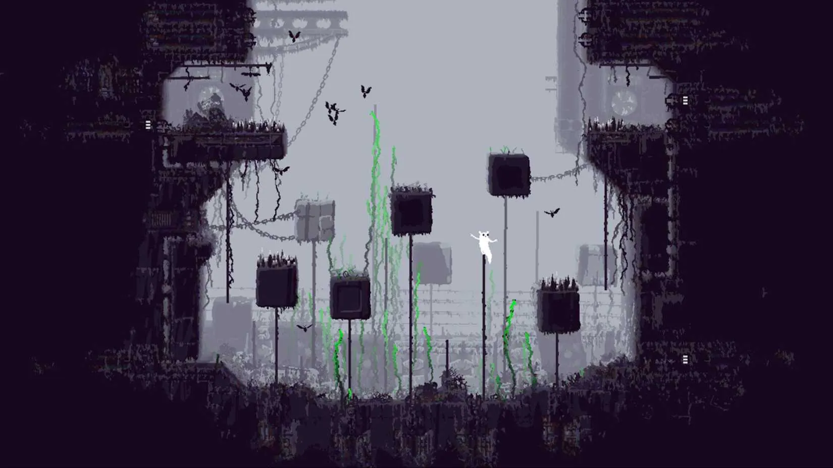 A Slugcat moving through the pixel-art ruins of a post-apocalyptic world in Rain World