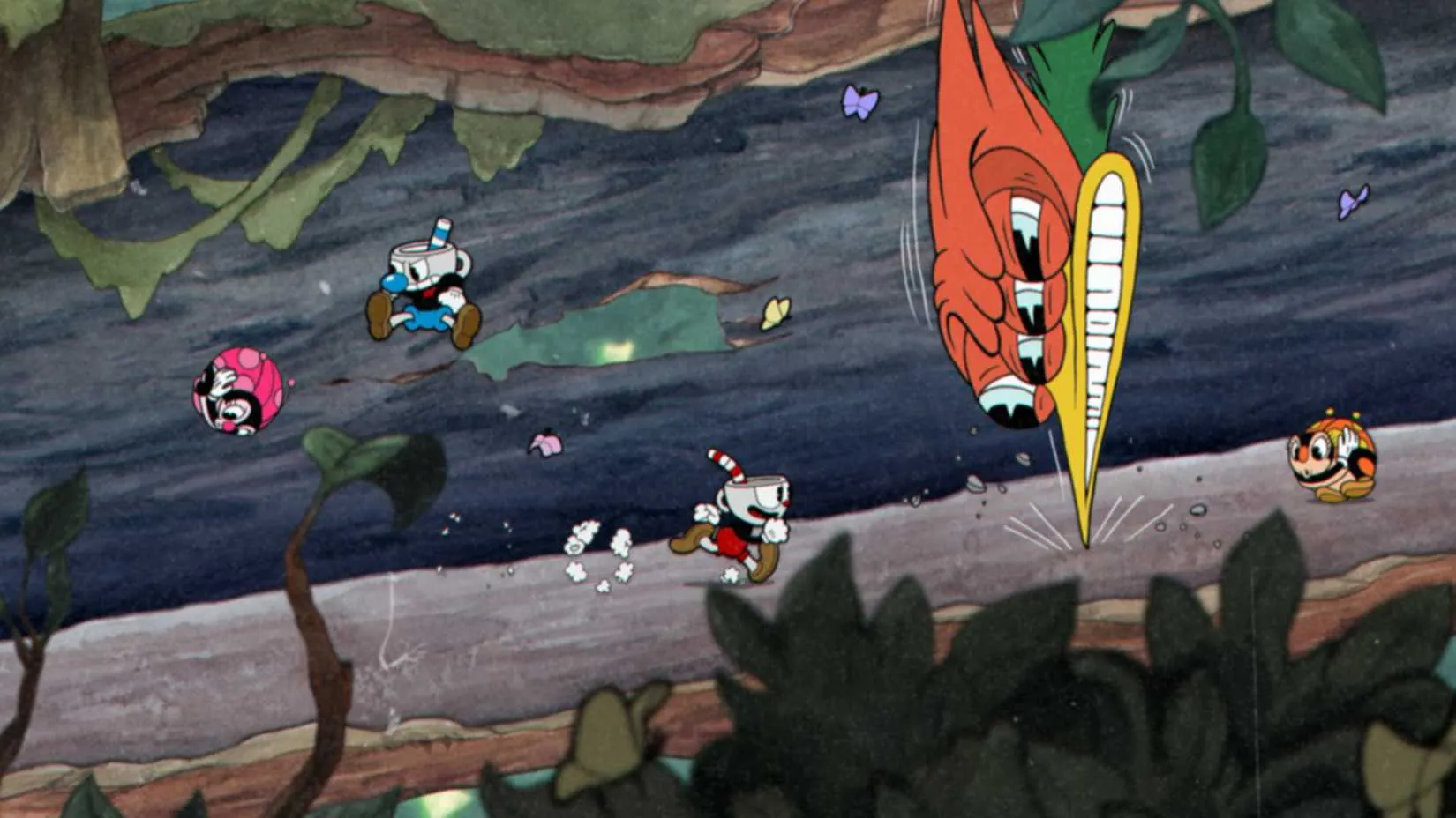 Cuphead aiming energy shots at a woodpecker boss in a 1930s-style cartoon