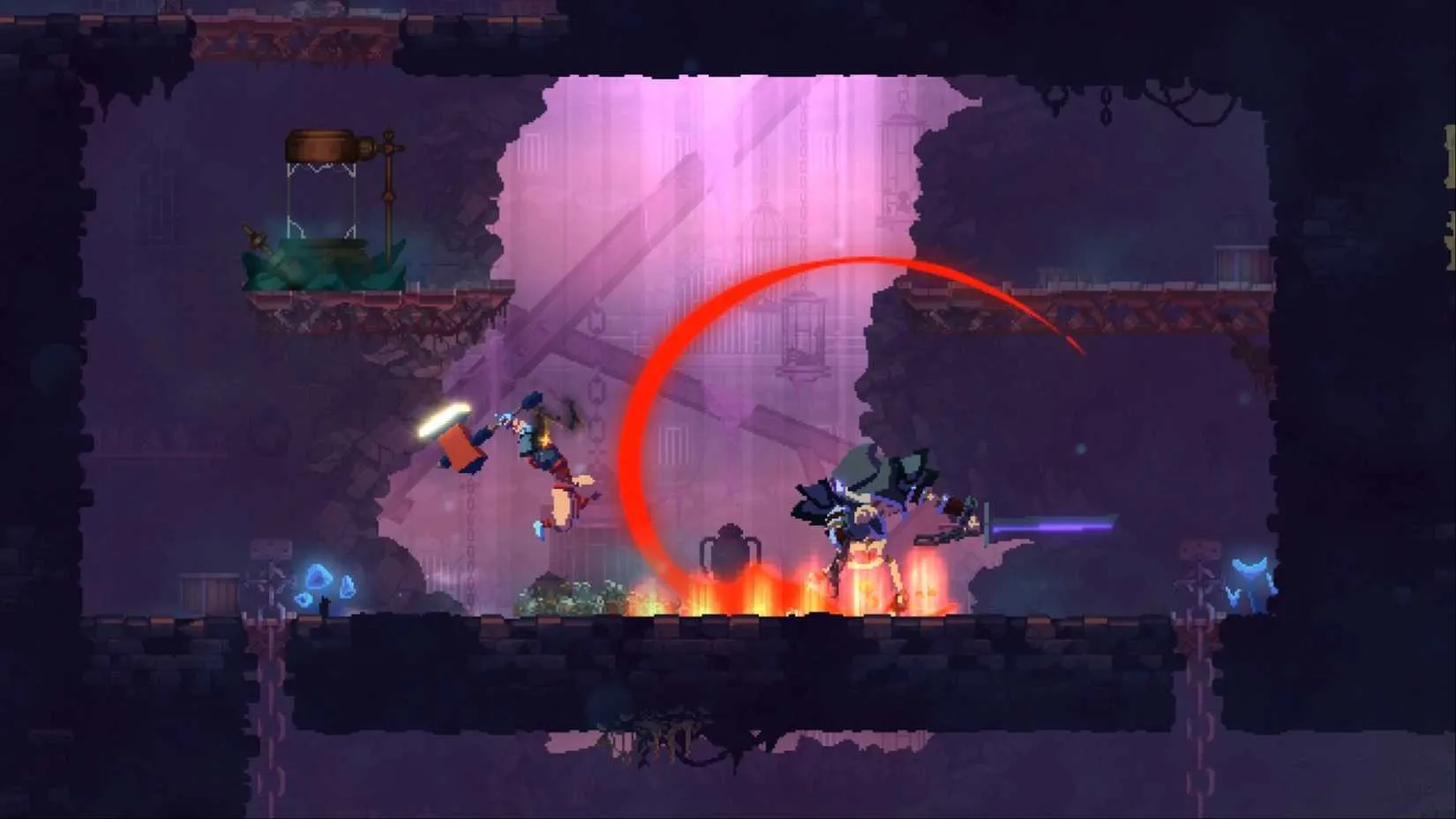 The Beheaded fighting through a procedurally generated level in Dead Cells