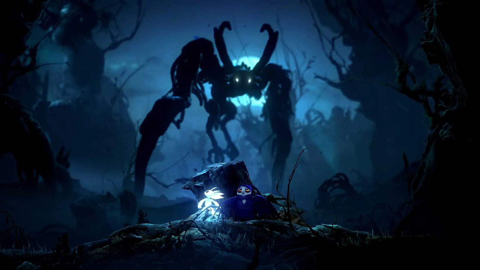Ori and Ku exploring a lush, glowing forest in Ori and the Will of the Wisps