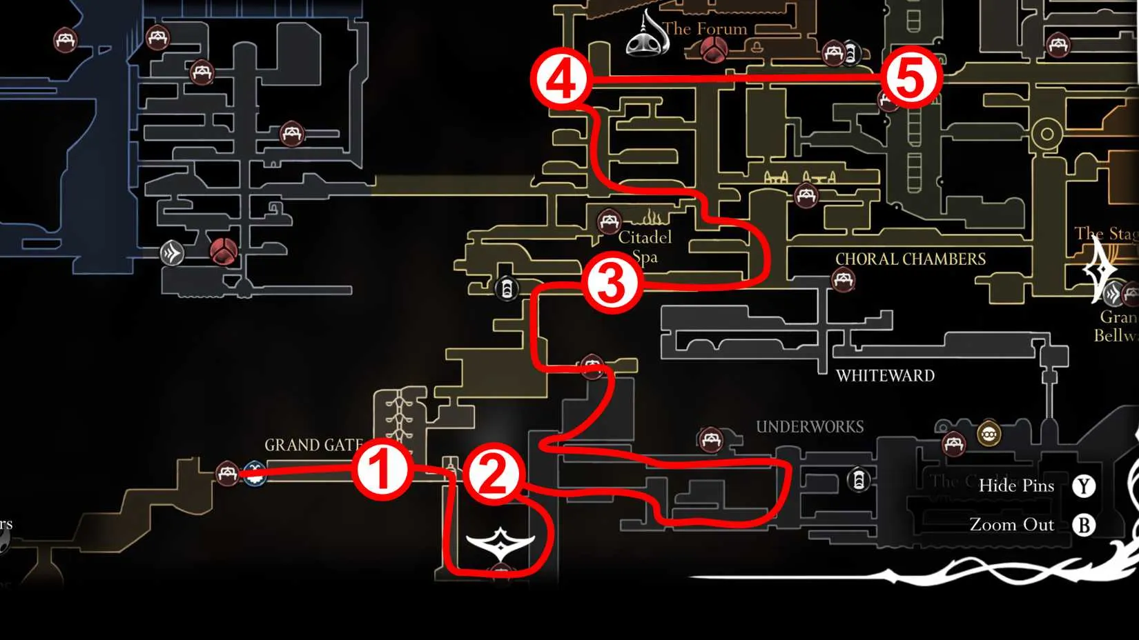 Route through Grand Gate, Underworks, and Choral Chambers to the Cogwork Dancers