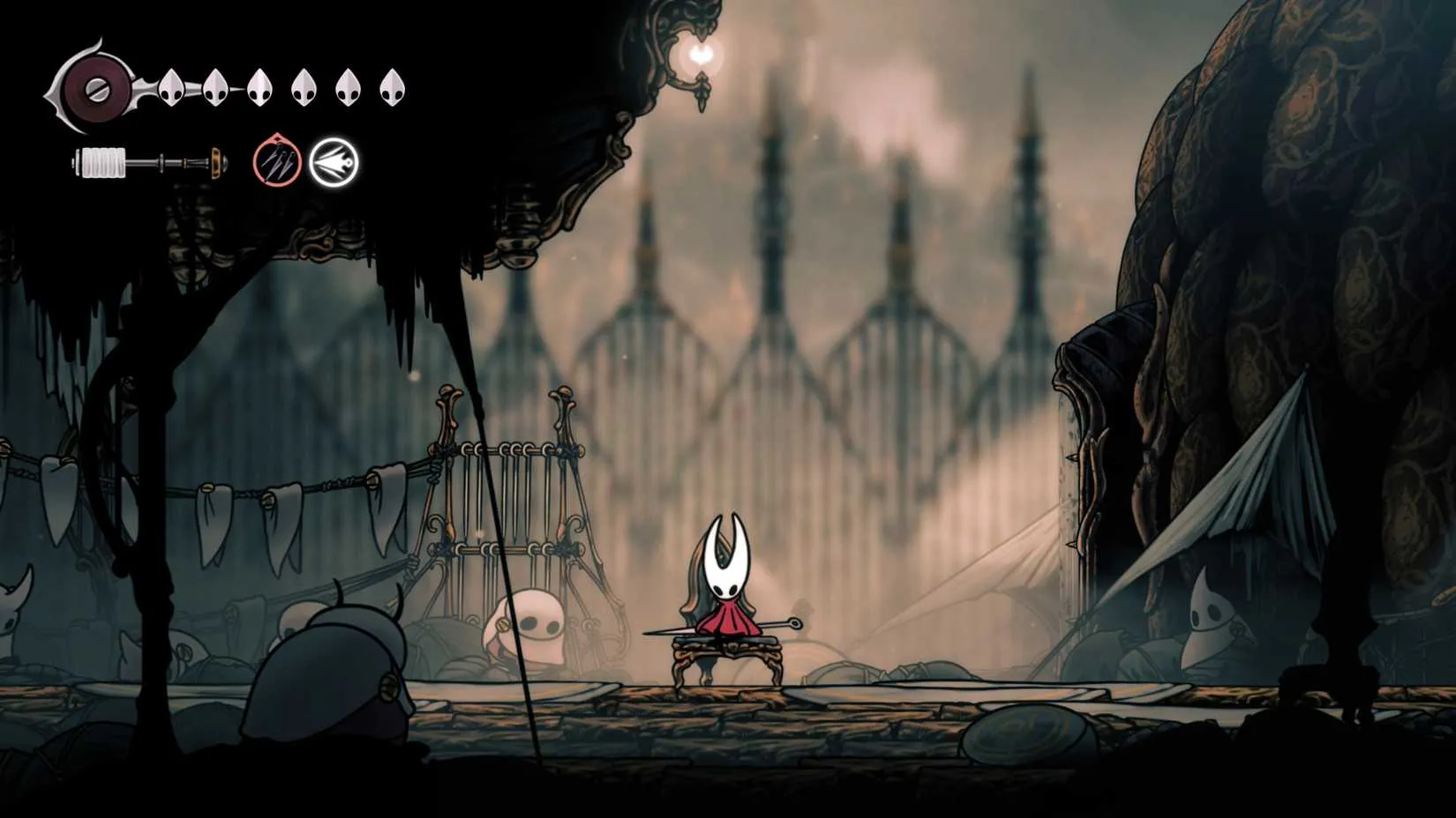 Sitting on the bench at Songclave in Hollow Knight Silksong