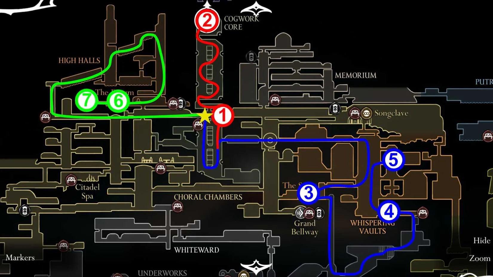 Threefold Melody progression route in Silksong
