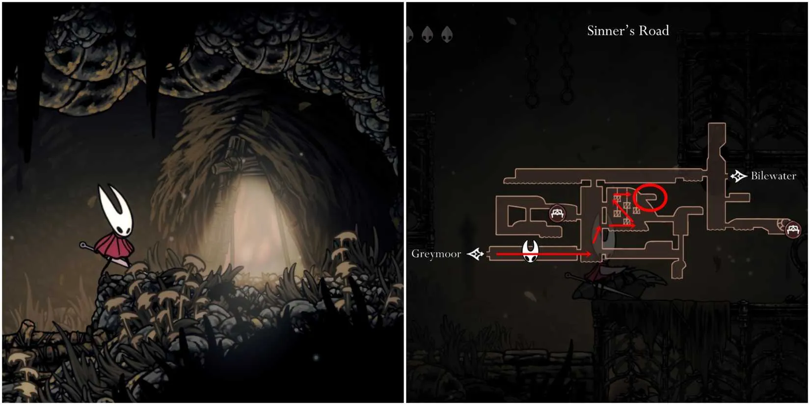 Location of Benjin and Crull in Hollow Knight Silksong Sinner's Road