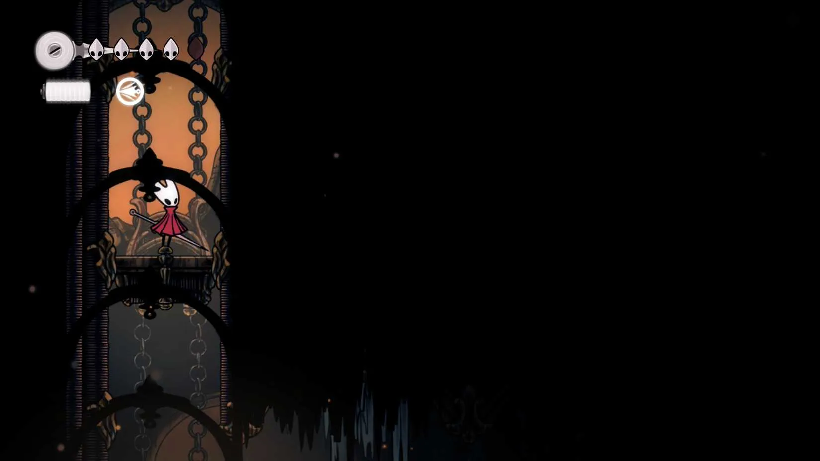 Hornet rides an elevator through the Deep Docks in Hollow Knight: Silksong