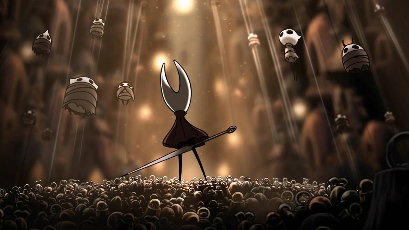 Hornet resting near a Bellhart bench in Hollow Knight: Silksong