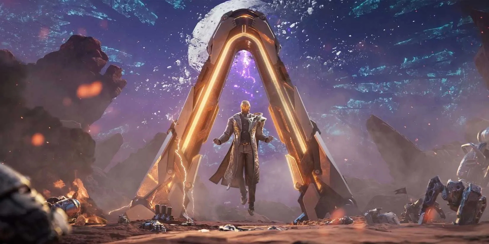 Borderlands 4 Timekeeper with the borderlands logo arch behind him