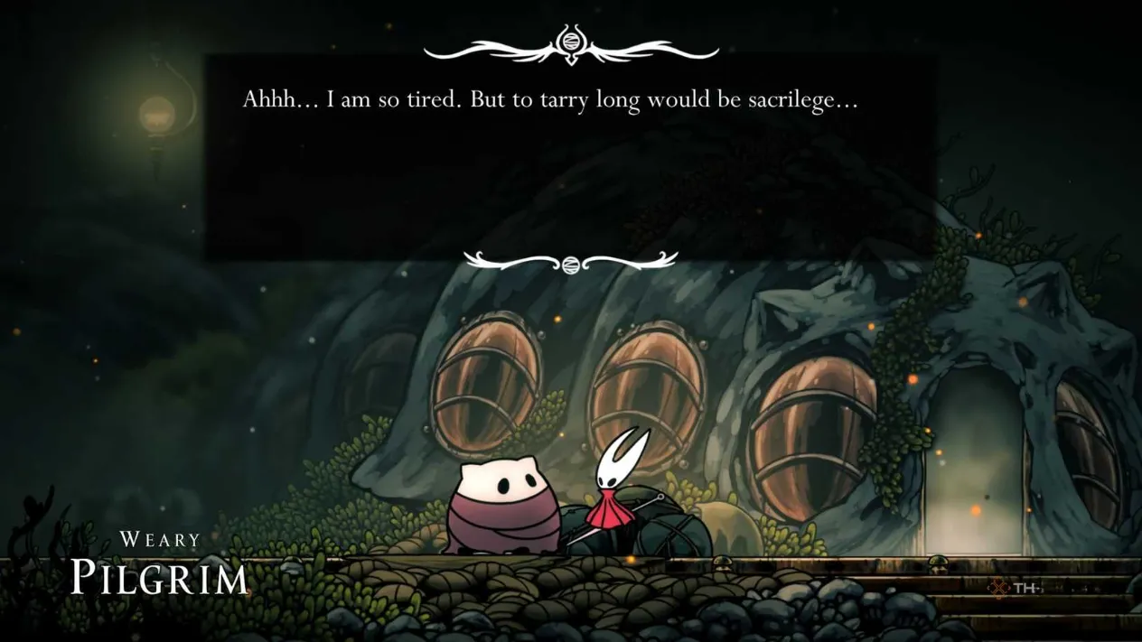 Hornet speaking to the Weary Pilgrim NPC in Silksong