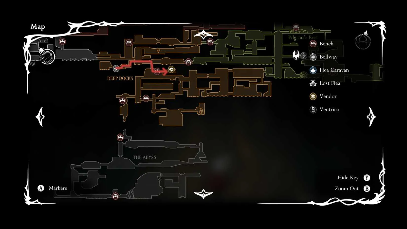The Abyss map location in Silksong, showing the southern bench and the path to the map