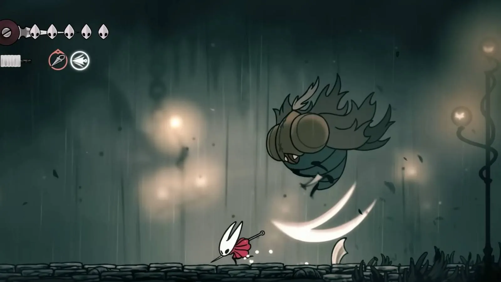 Hornet dodging one of Moorwing's attacks in Hollow Knight: Silksong