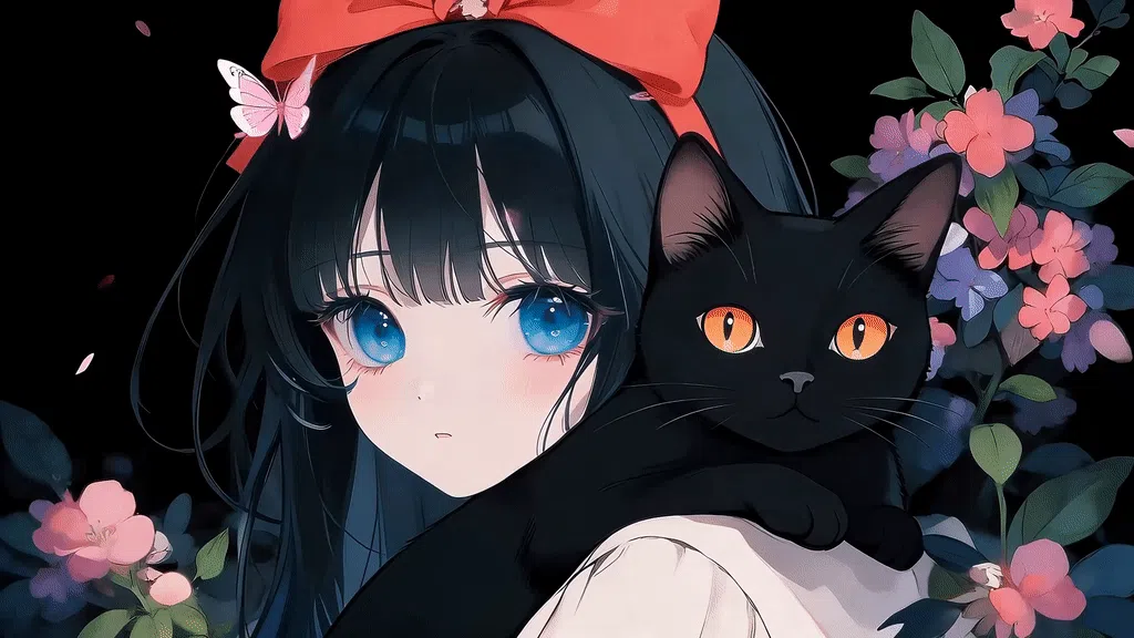 女孩和他的小黑猫