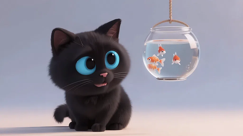 可爱逗鱼小黑猫