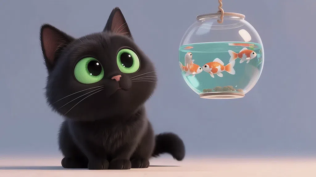 可爱小黑猫和鱼缸