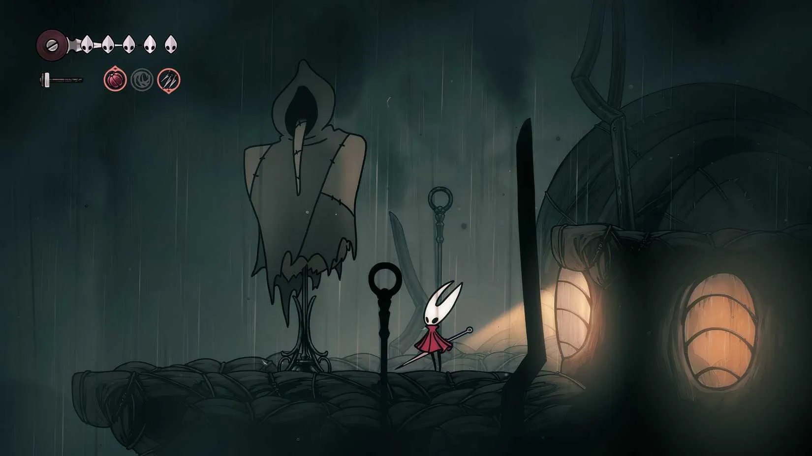 Hornet facing a gauntlet of enemies in Pharloom