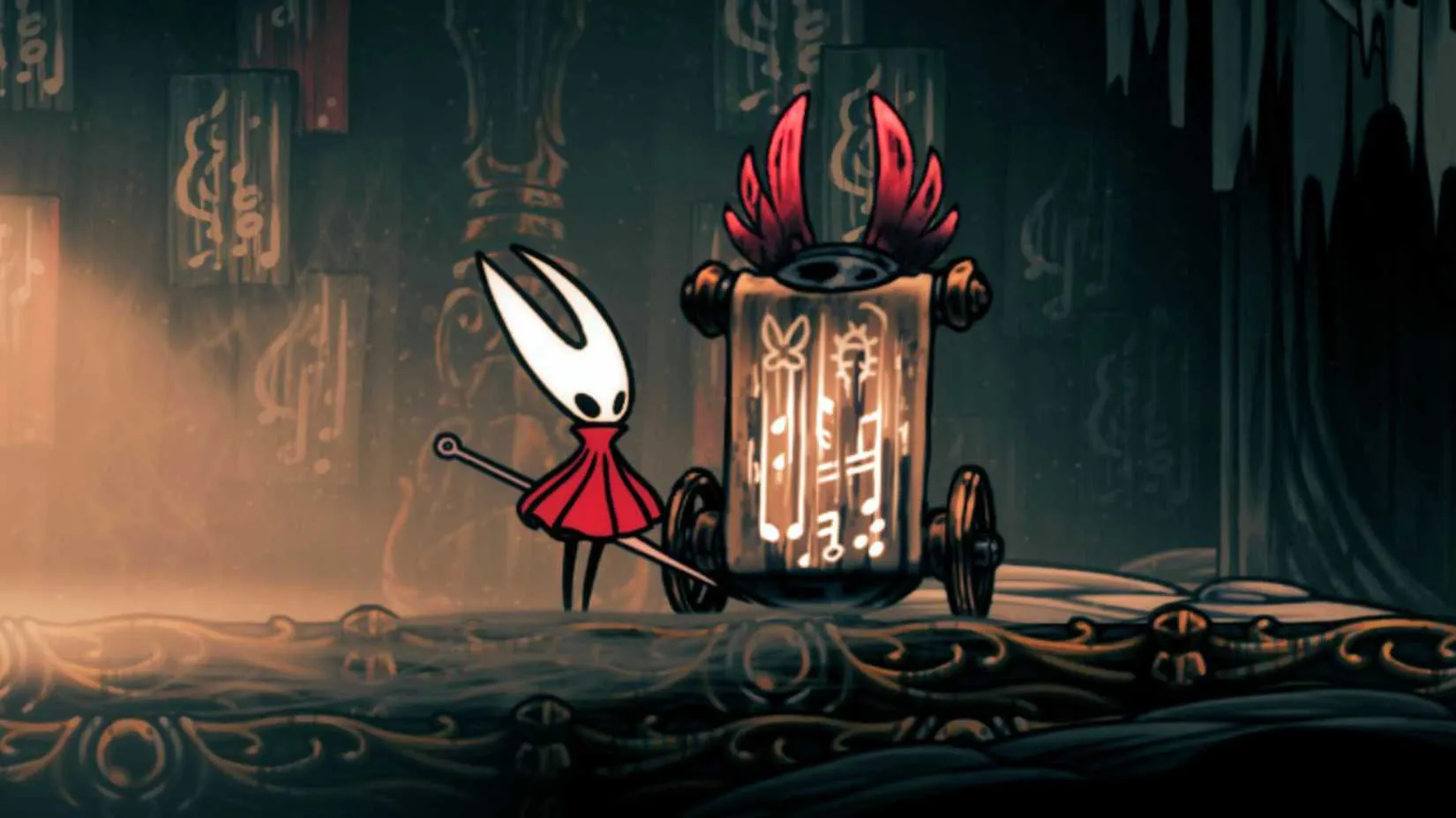 A knight unlocking a stage door in Silksong's Choral Chambers