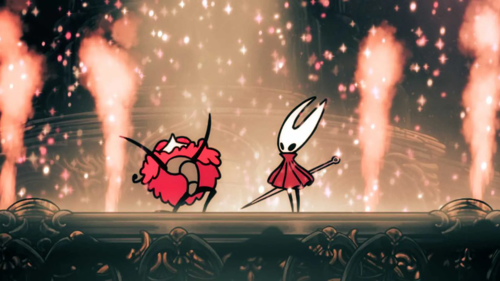 Hornet fighting Trobbio in Silksong&rsquo;s The Stage boss room