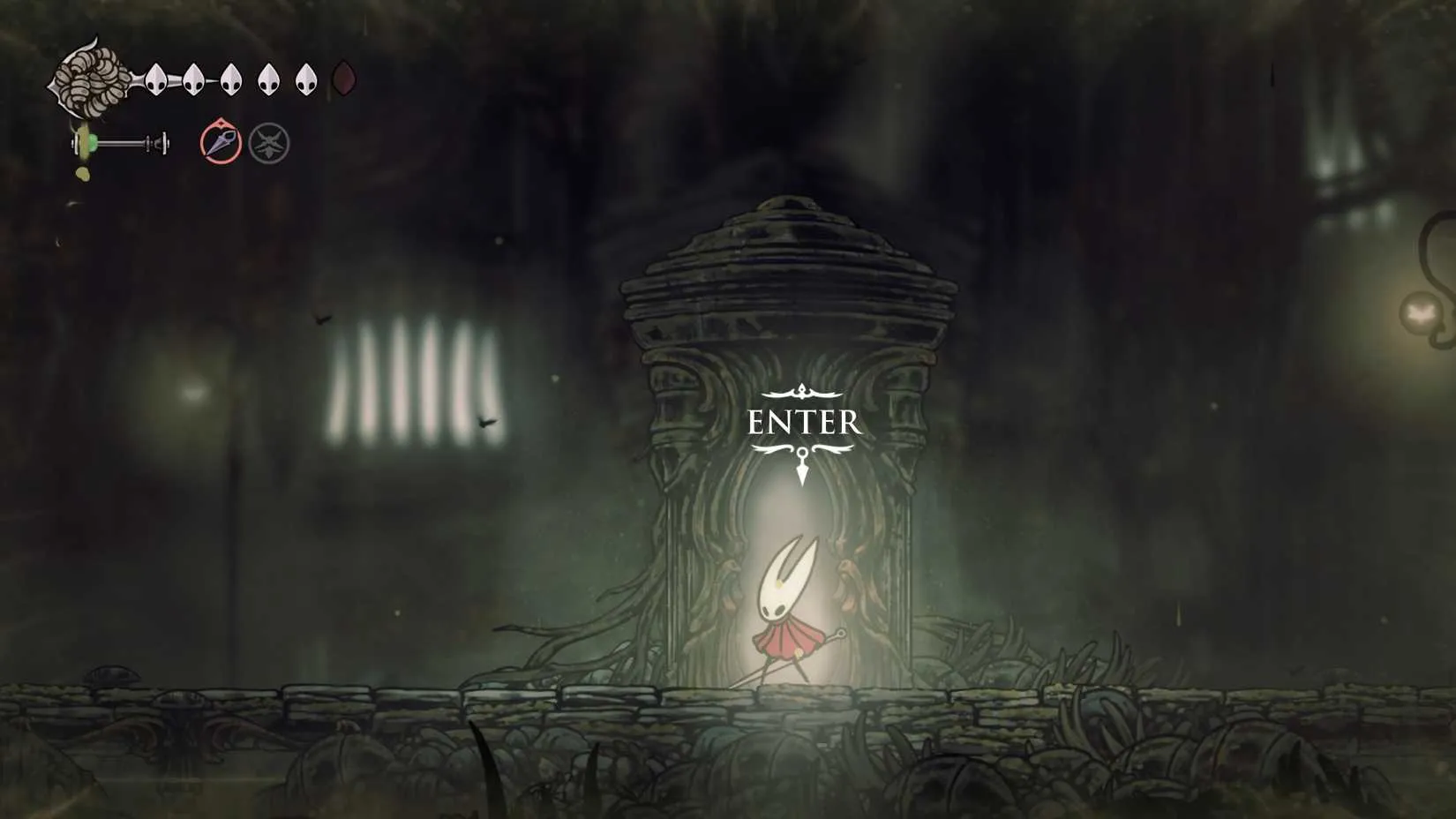 A bench in Bilewater, a quiet moment between quests in Silksong