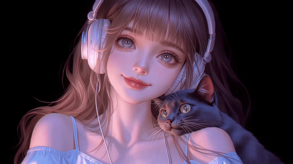 甜美猫猫耳机女孩