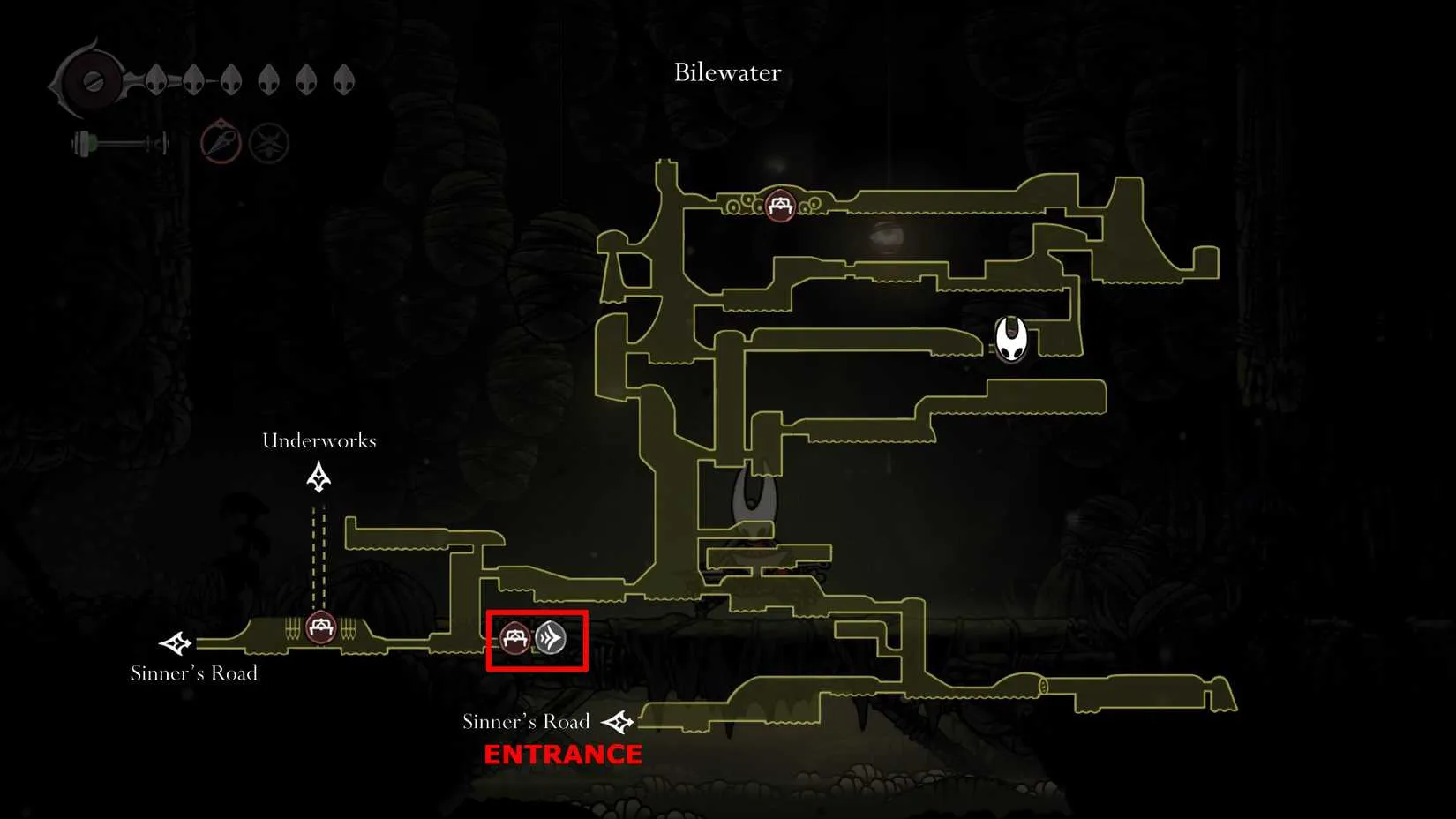 Map showing the first bench in Bilewater near the Bell Beast station