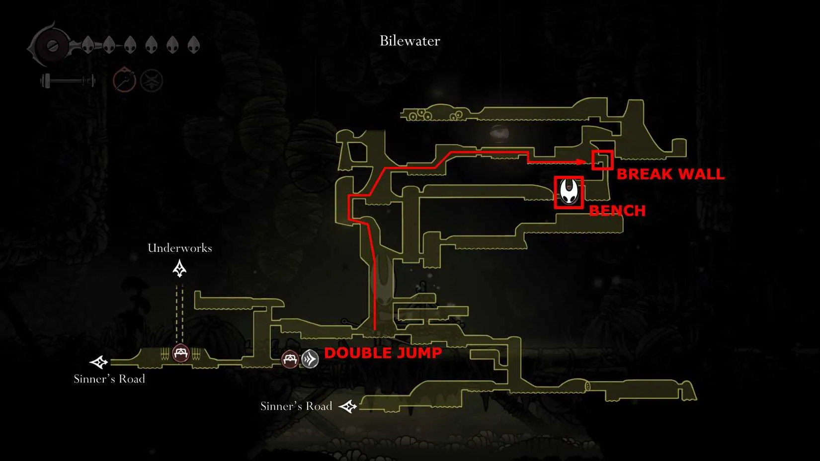 Map showing the hidden third bench location in Bilewater