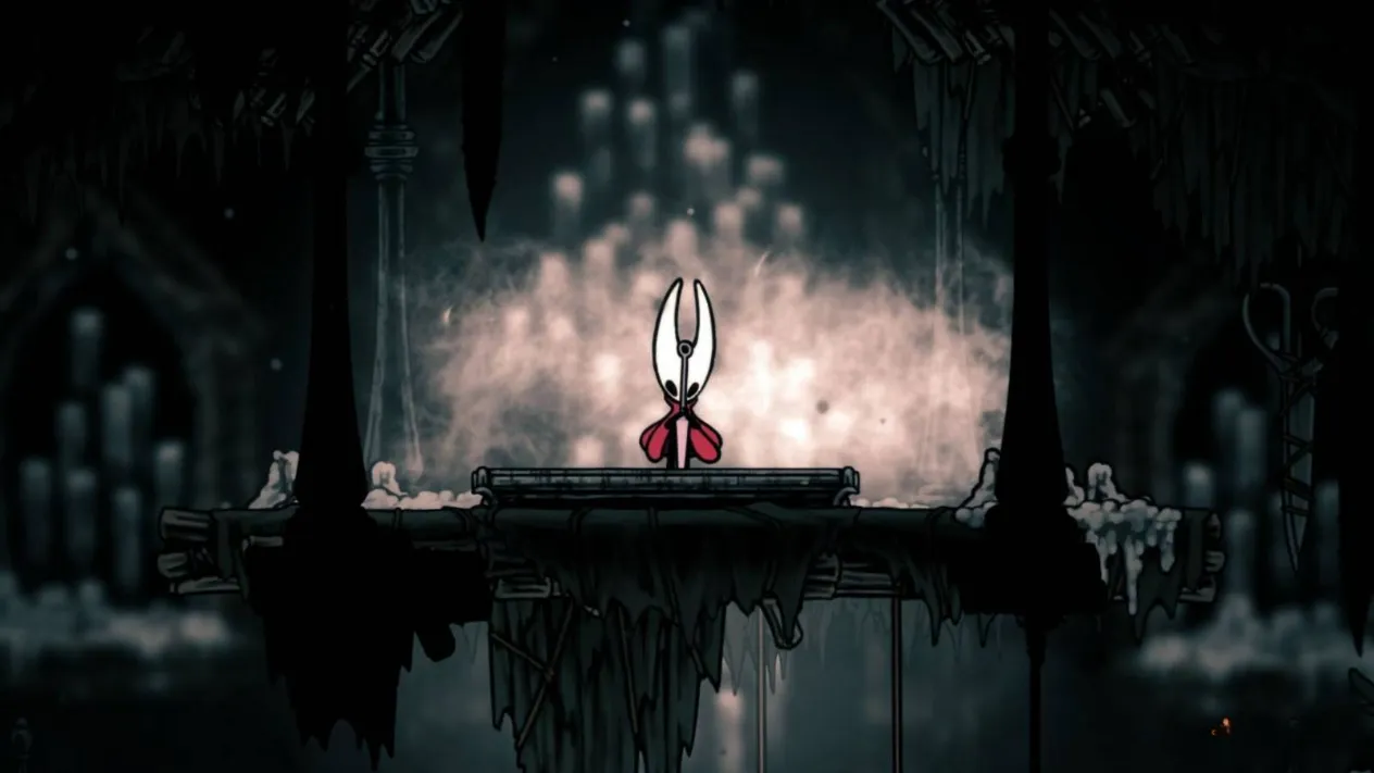 Hornet, the Reaper, standing in a dark, atmospheric Silksong environment
