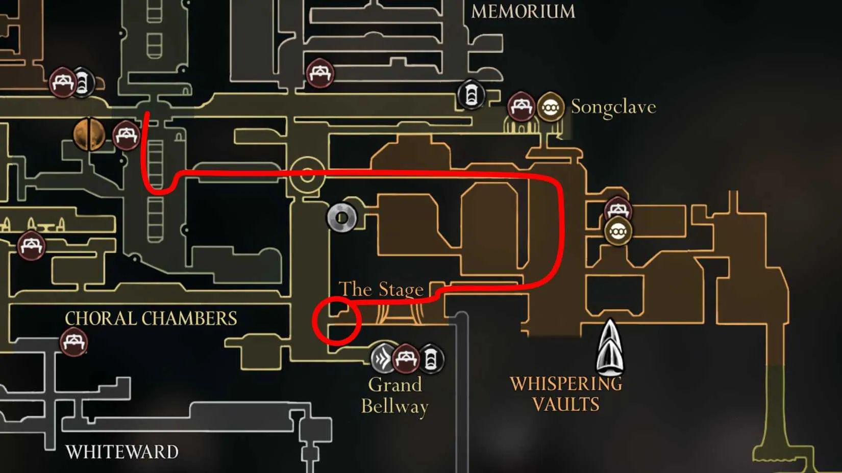 Map route through Cogwork Core and Whispering Vaults to unlock the Stage door