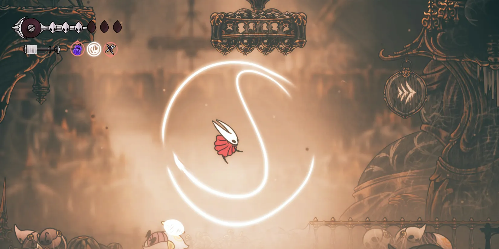 Hornet unleashing the Thread Storm in Silksong