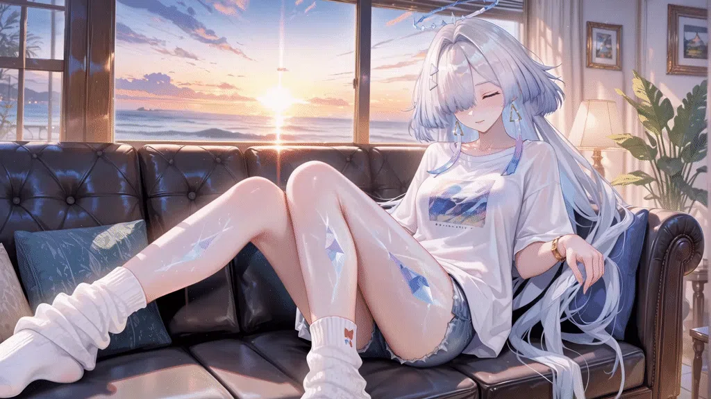 夕阳晚霞白毛少女莫宁