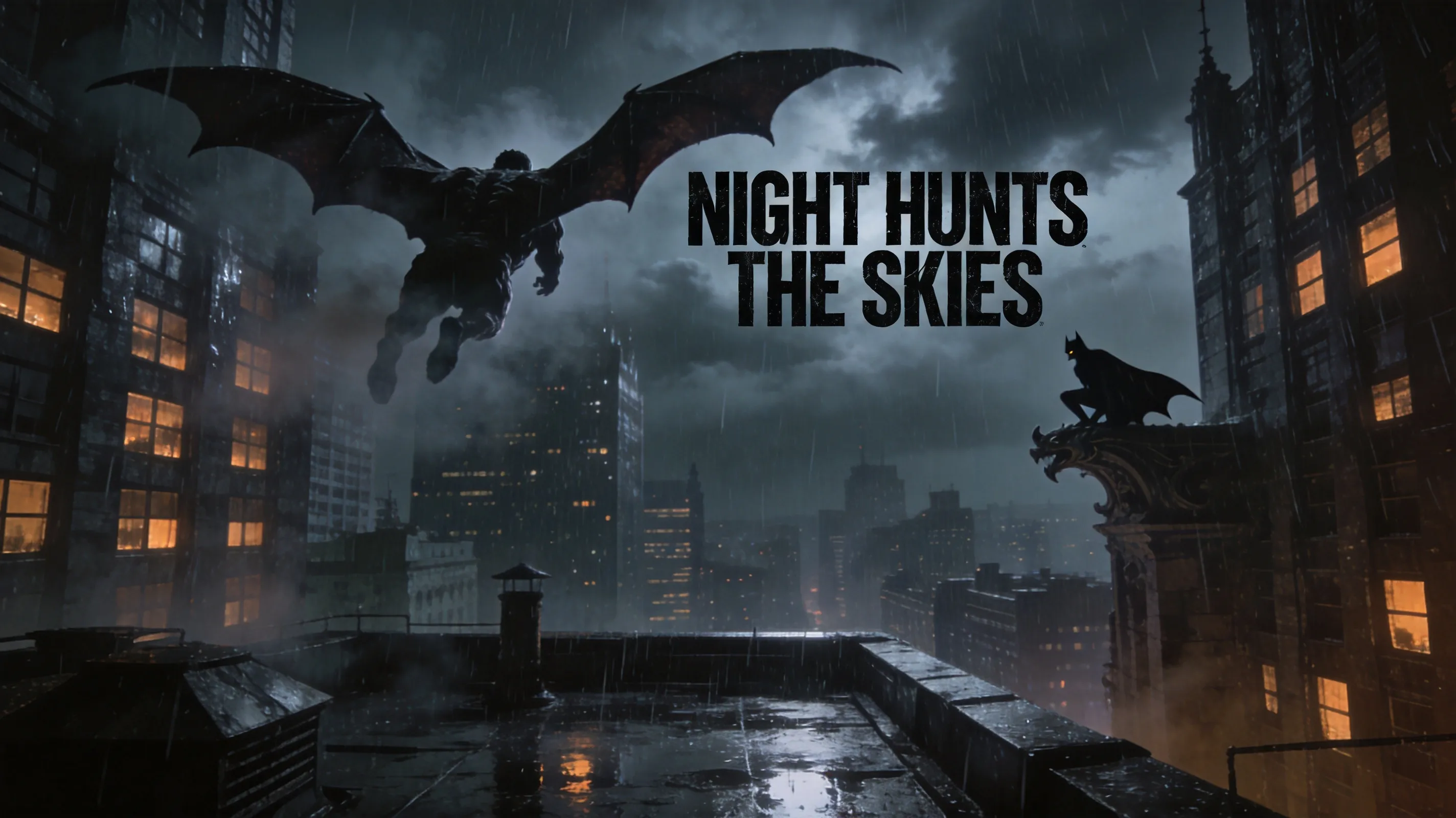 Man-Bat flying over Gotham City skies