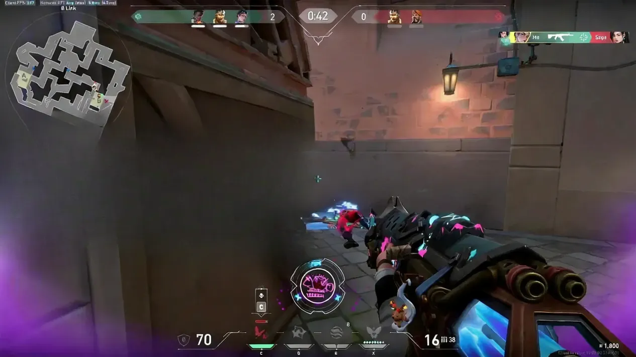 Valorant agent holding Warden rifle on Corrode map