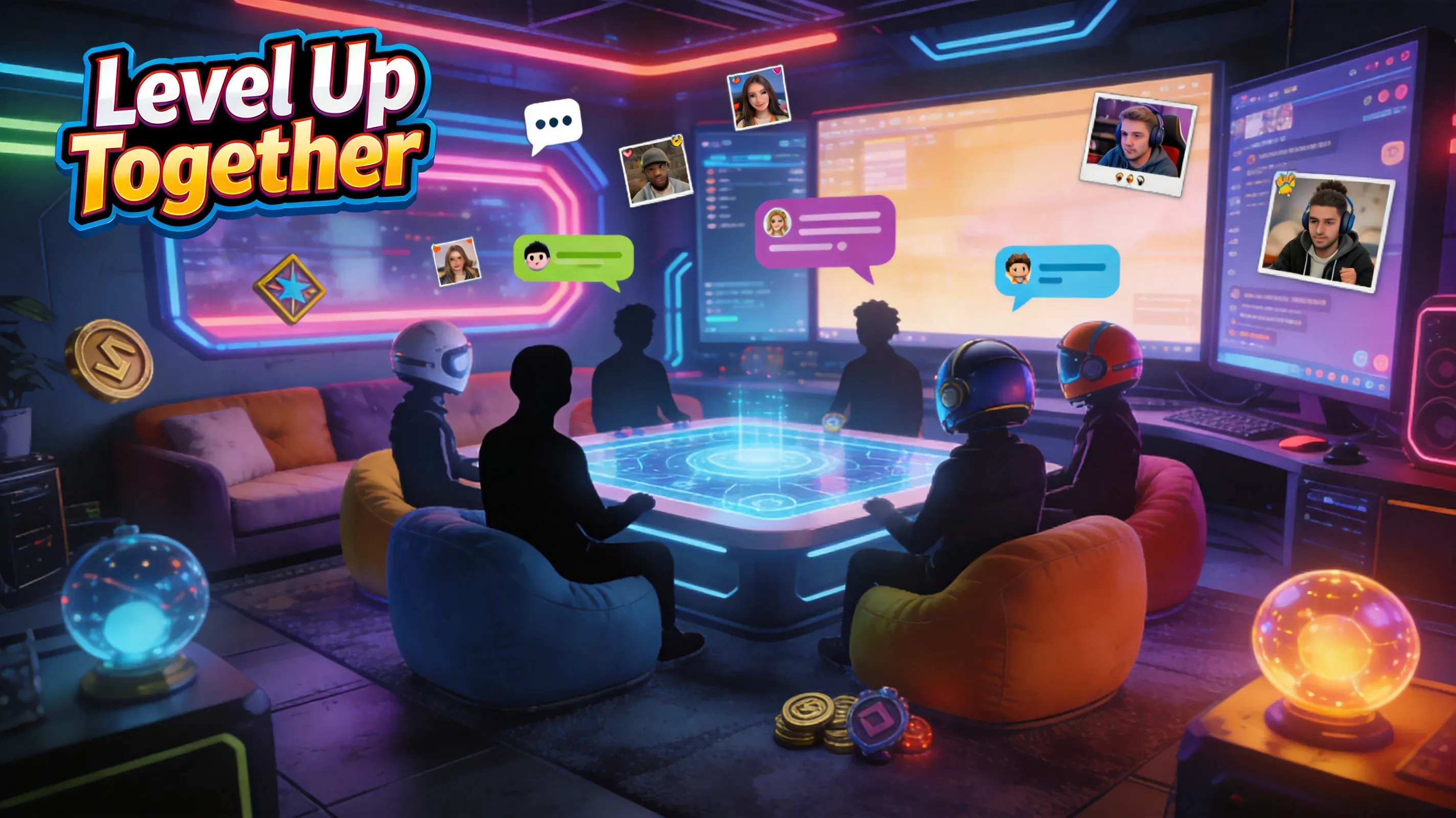 Animated avatars chatting in a neon-lit gaming hub