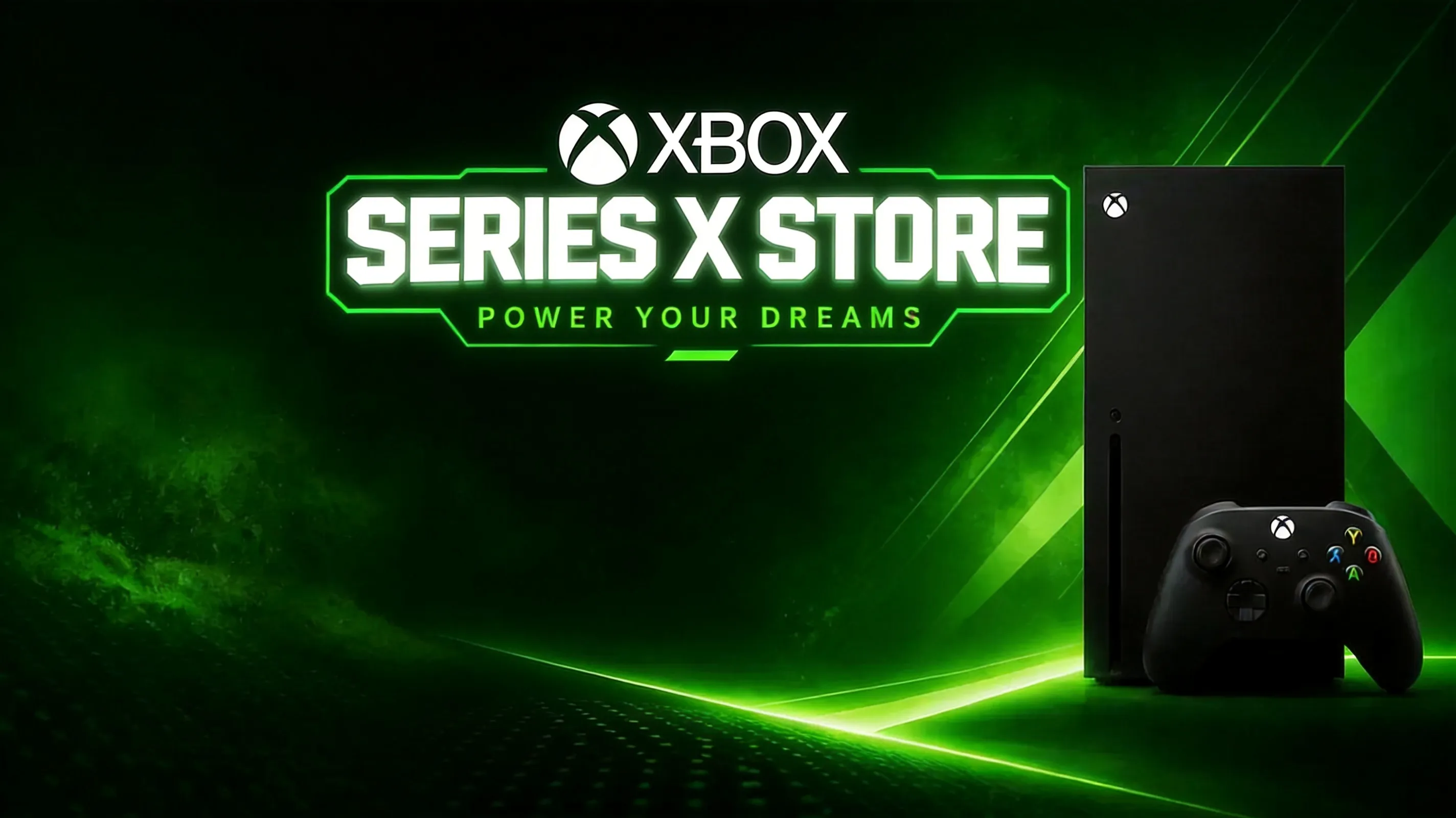 Xbox Series X controller glowing beside digital storefront