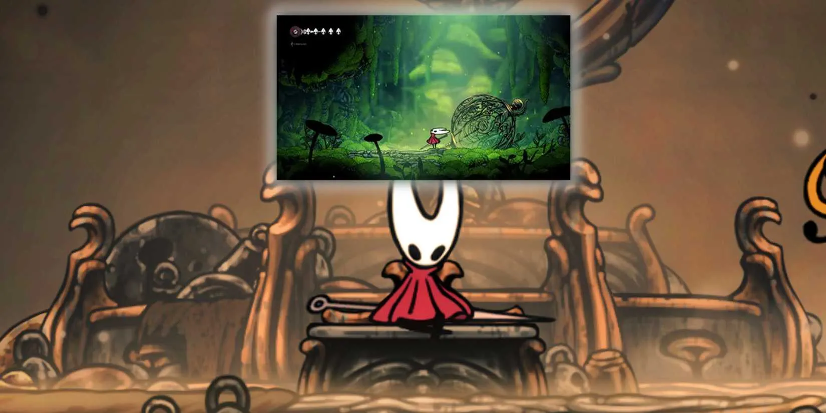 Hornet contemplates the No Double Damage mod on a bench in Silksong