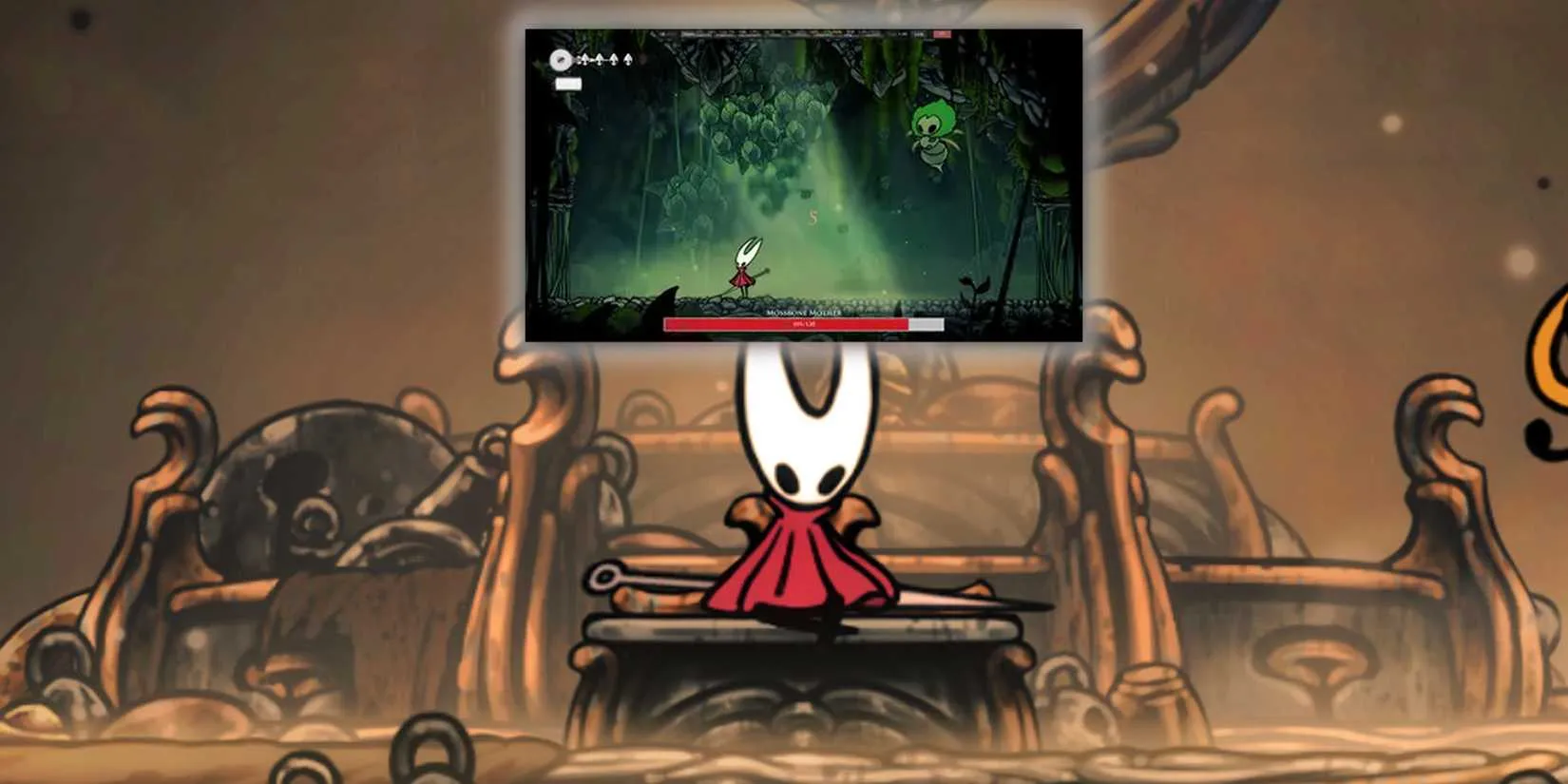 Hornet contemplates the Show Healthbar mod on a bench in Silksong