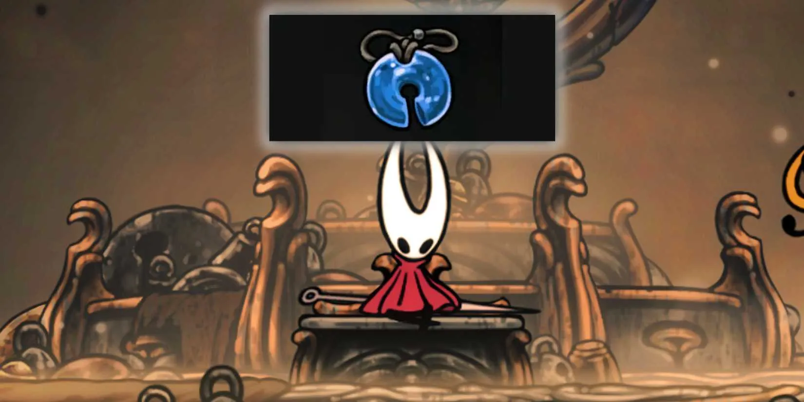 Hornet contemplates the Magnet Effect mod on a bench in Silksong