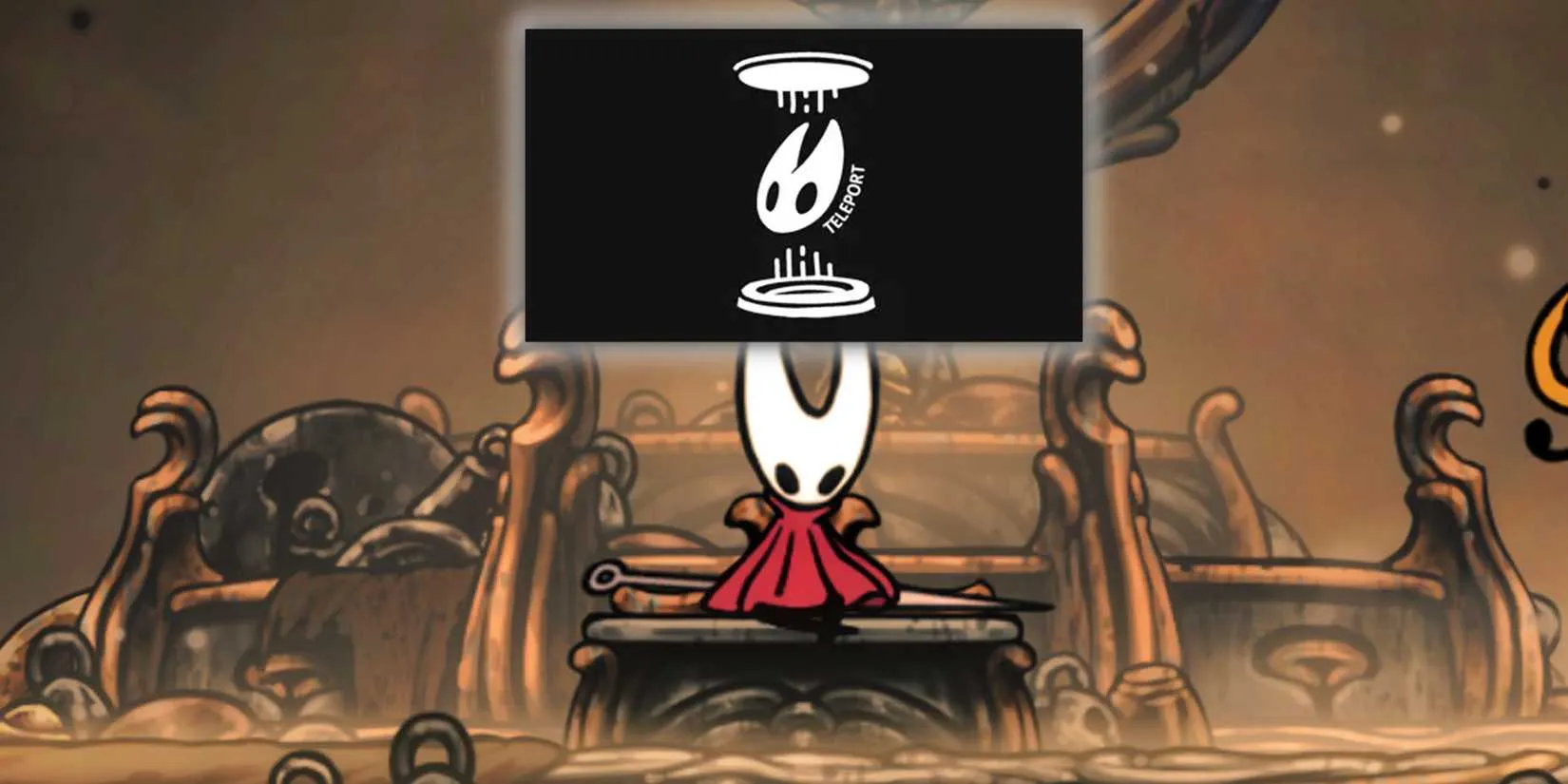 Hornet contemplates the Teleport mod on a bench in Silksong