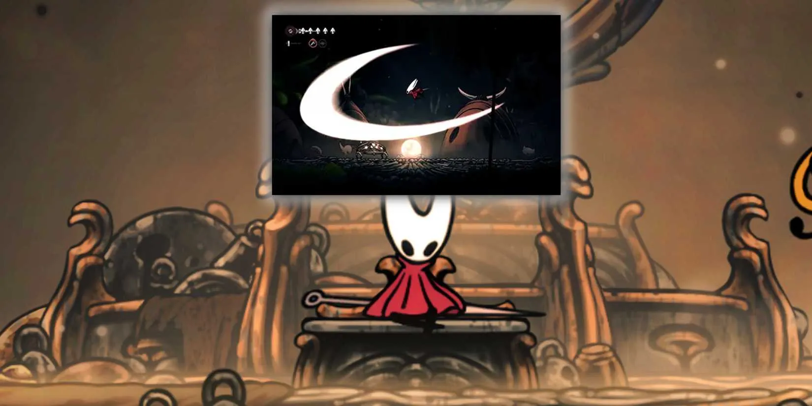 Hornet contemplates the Attack Range mod on a bench in Silksong