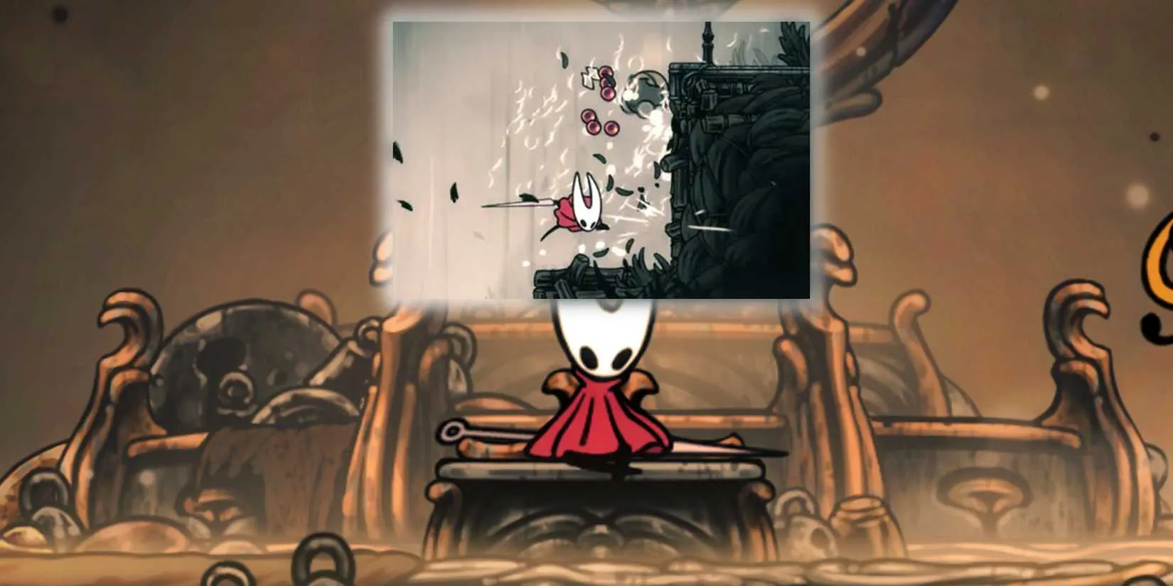 Hornet contemplates the Rosary Drop mod on a bench in Silksong