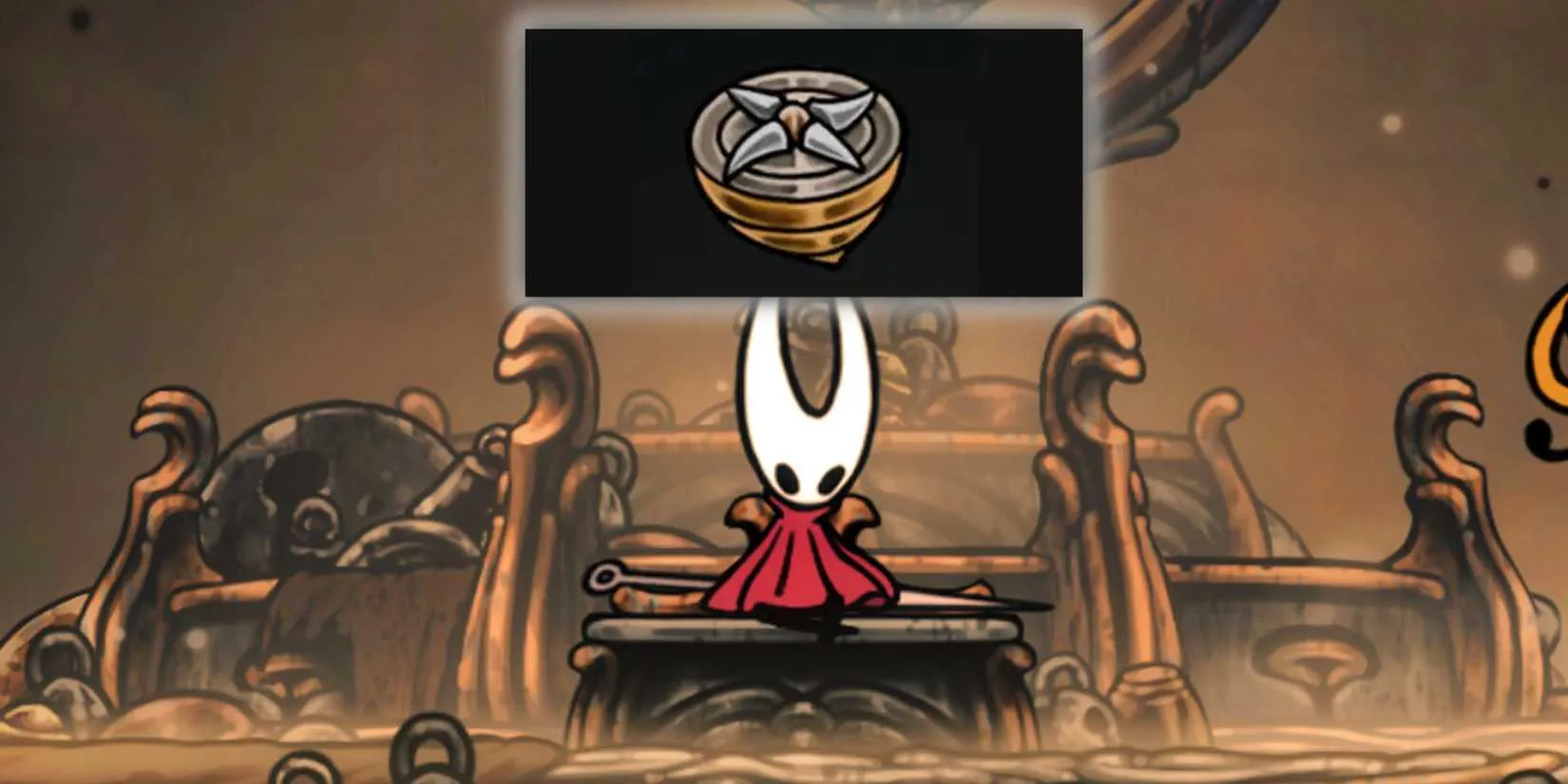 Hornet contemplates the Constant Compass mod on a bench in Silksong