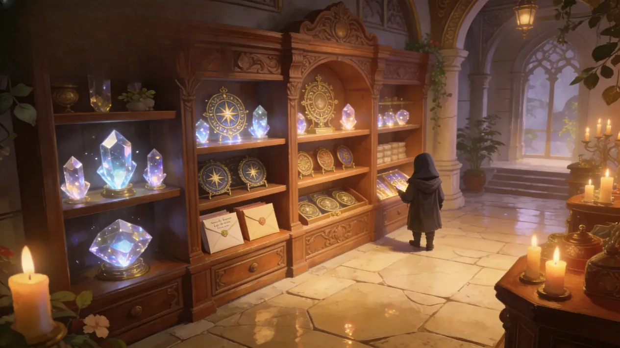 AFK Journey Emporium shelves with Stellar Crystals and Soul Sigils