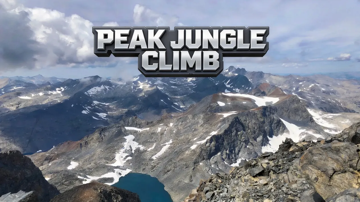 Four PEAK players climbing tropical jungle biome ledges
