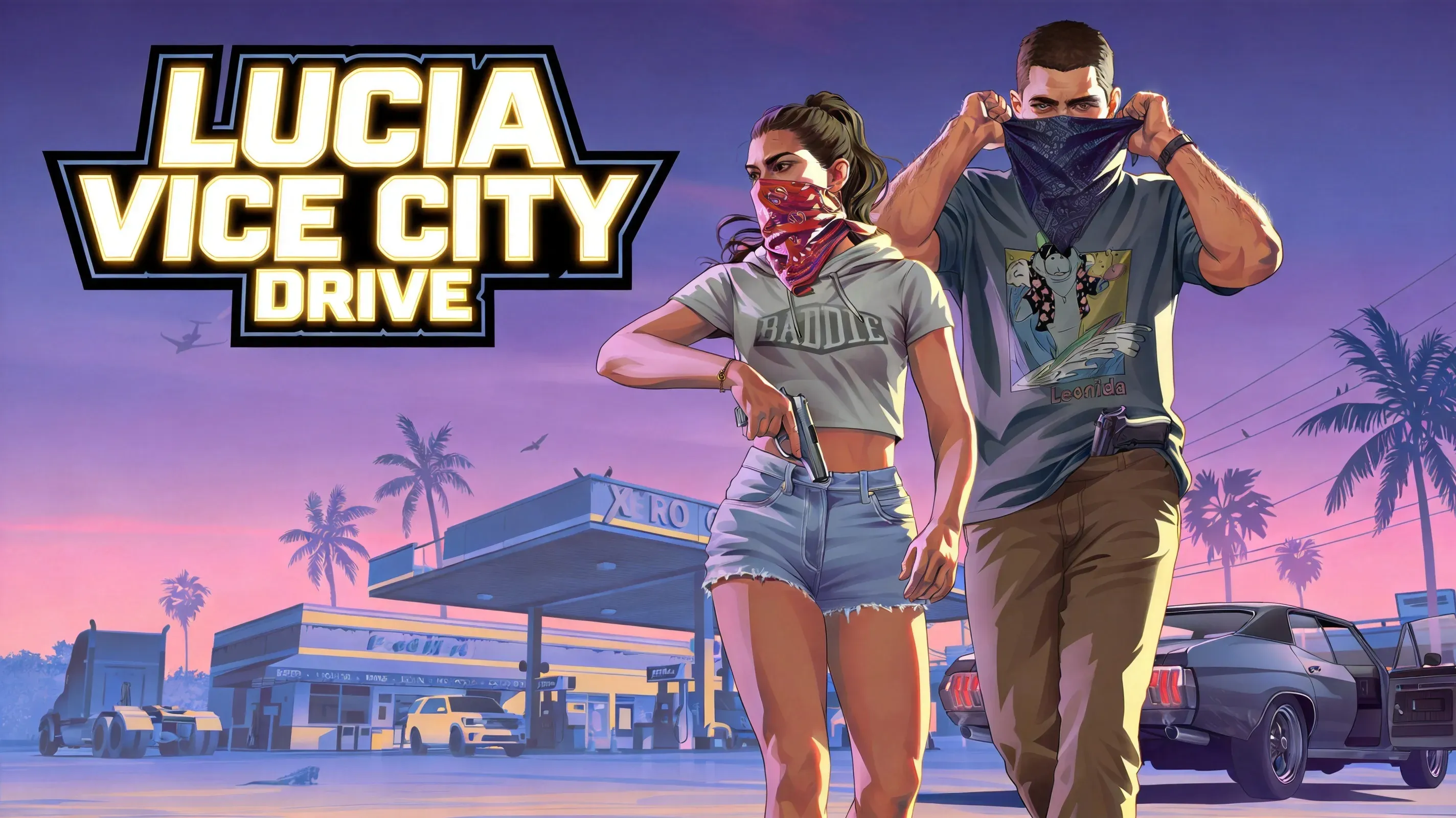 Lucia driving a tuned supercar through the neon streets of Vice City