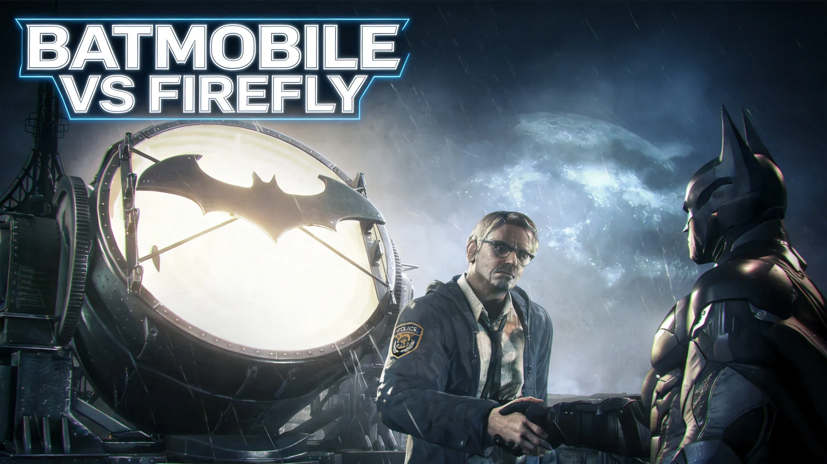 Batmobile chasing Firefly through Gotham streets at night