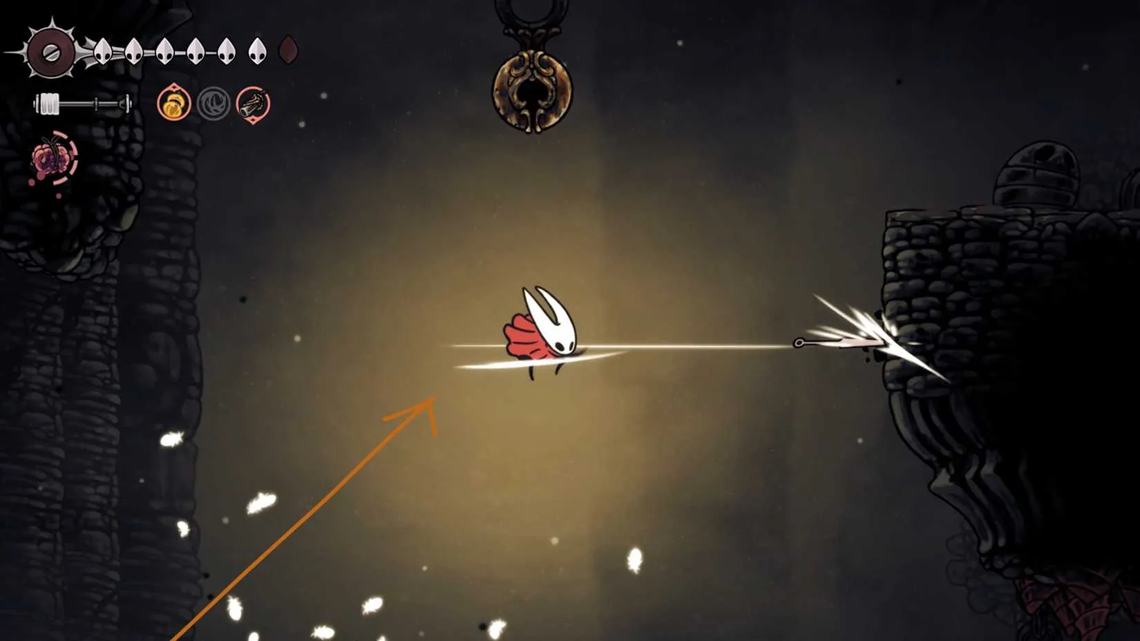 Bouncing off bells to reach the upper ledge