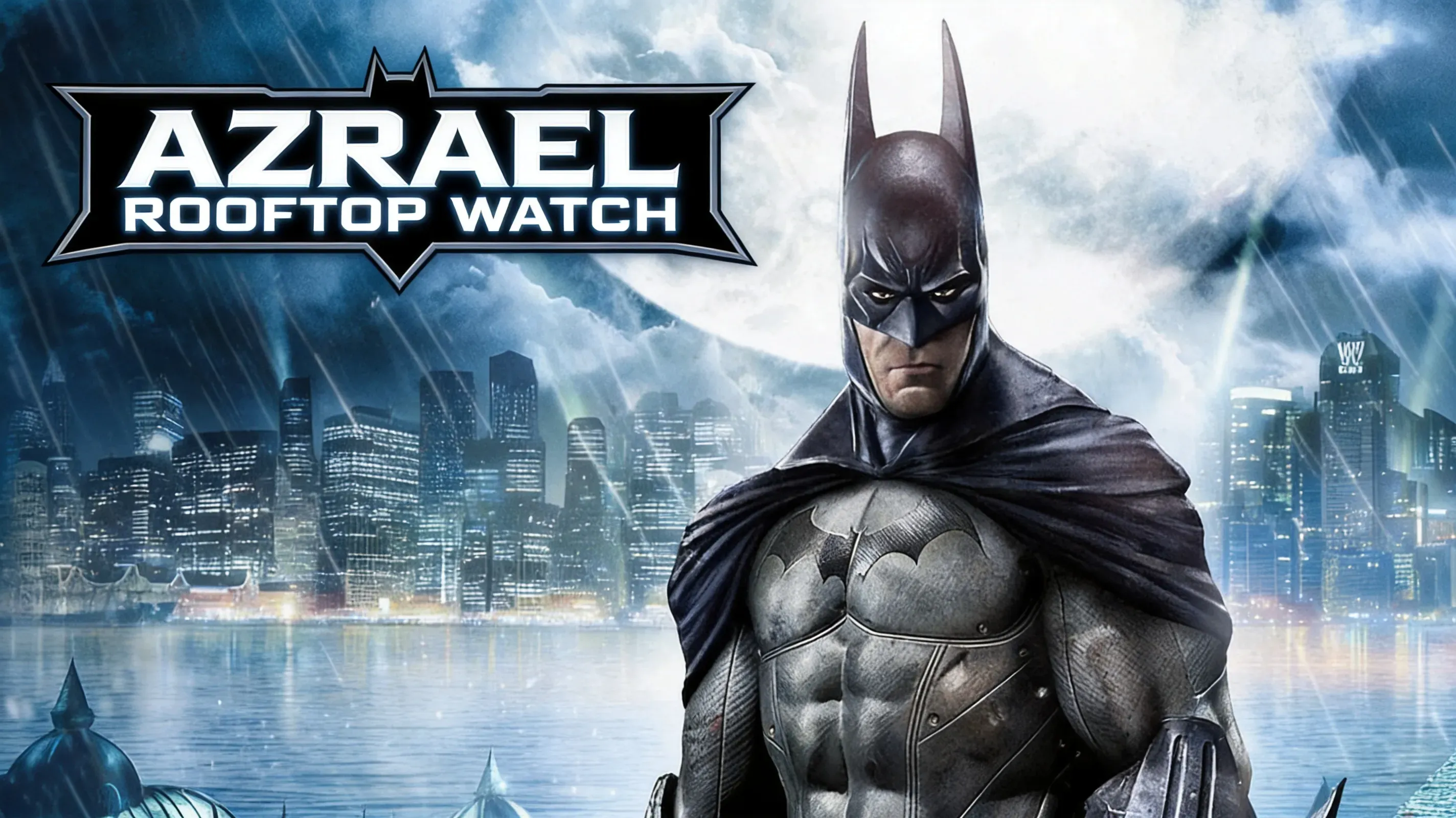 Azrael standing on Arkham City rooftop
